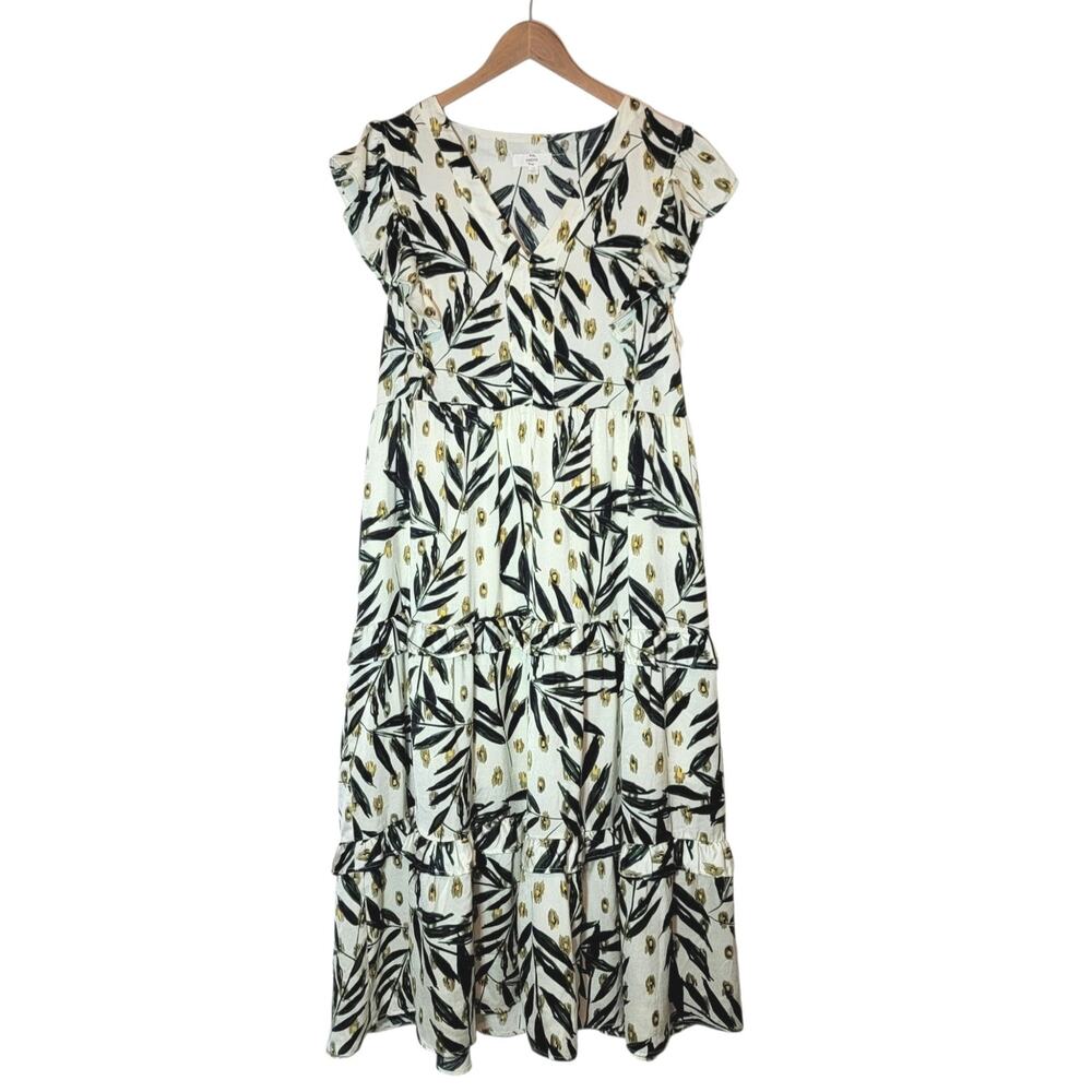 Entro Floral Print Maxi Dress Tiered Ruffle Flutter Sleeve A-Line Cream Green 1X